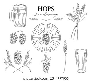 Ramas de lúpulo de cerveza, espigas de trigo, vaso de cerveza, logotipo prefabricado para cervecería o cervecería, Ilustración vectorial de dibujo de línea