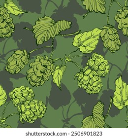 Beer Hops Pattern. Hand-Drawn Hop Seamless Beer Background beautiful floral pattern