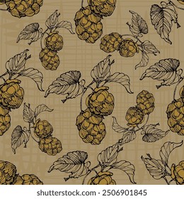 Beer Hops Pattern. Hand-Drawn Hop Seamless Beer Background beautiful floral pattern