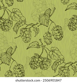 Beer Hops Pattern. Hand-Drawn Hop Seamless Beer Background beautiful floral pattern