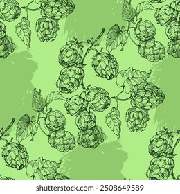 Beer Hops Pattern. Hand-Drawn Hop Seamless Beer Background beautiful floral pattern