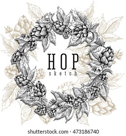 Beer hops round frame hand drawn branches with leaves, cones and flowers, black and white, sketch and engraving design plant element isolated. Common hop branch.