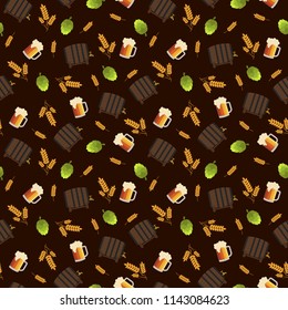 Beer and Hops Seamless Pattern - Beer, beer barrel, hops, and barley on brown background for Oktoberfest