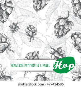 Beer Hops Seamless Pattern Of Hand Drawn Cones And Leaves, Black And White Background, Sketch And Engraving Design. All Element Isolated.