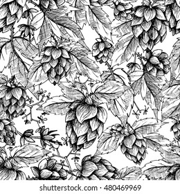 Beer Hops Seamless Pattern Of Hand Drawn  Cones And Leaves, Black And White Background, Sketch And Engraving Design Hop Plants. 