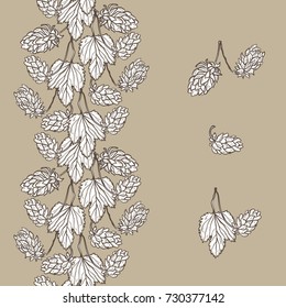 Beer Hops and Vertical Seamless Floral Border Vector Set. Common Hop or Humulus Lupulus Branch. Leaves and Cones