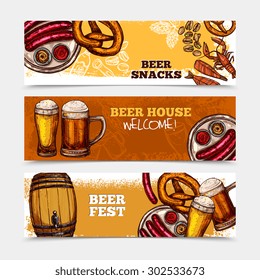 Beer horizontal banner set with sketch drinks and snacks isolated vector illustration