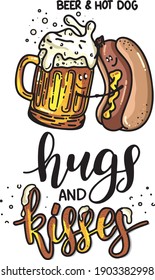 Beer and hot dog in love.
Written in lettering hugs and kisses.
Valentine's Day card. Food couples.
Happy couple. Vector illustration. 