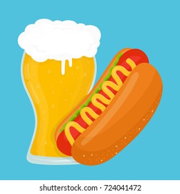 Beer and hot dog. Vector flat cartoon illustration icon design. Isolated on blue background. Fast food,bar concept