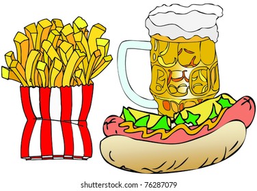 Beer, hot dogs and french fries