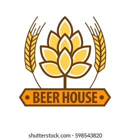 Beer House etiqueta de bebida diseño plano patrón de arte sobre fondo blanco. Afiche retro con orejas de cebada, lúpulo y pegatina de cerveza artesanal. Emblema vintage para pub o cervecería. Ilustración vectorial al estilo de las caricaturas.