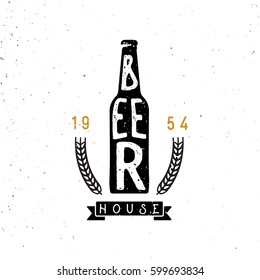 beer house emblem, lettering inside the beer bottle, wheat branches. Retro styled logotype. 60s timed beer badge.