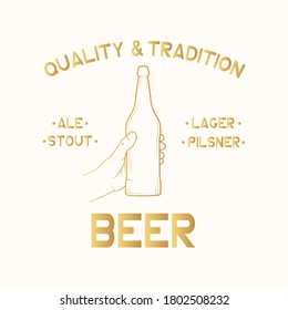 Beer house golden label, badge. Pub emblem with hand holding a bottle. Vector illustration with gold vintage brand design.