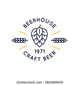 Beer House logo with hop and wheat icons. Craft beer logo in trendy line style. Beer label, emblem isolated on white background. Vector illustration
