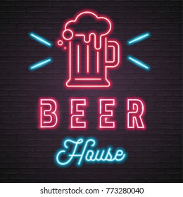 Beer House Neon Light Glowing Sign, Bright Signboard, Red and Blue Colour