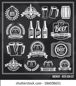 Beer icon chalkboard set - labels, posters, signs, banners, vector design symbols. Removable background texture.