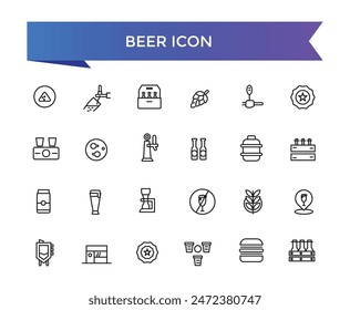 Beer icon collection. Related to pint, beer bottle, drinking, hop, brewery, beer can, craft beer, pub and more. Vector Line icons set.