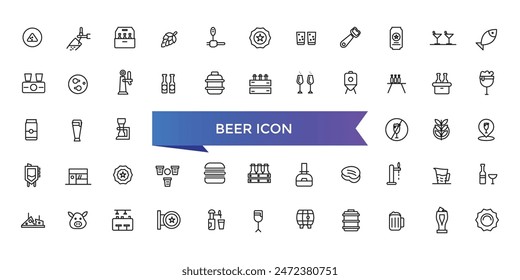 Icono de cerveza colección. Relacionado con pinta, botella de cerveza, bebida, lúpulo, cervecería, lata de cerveza, cerveza artesanal, pub y más. Conjunto de iconos de línea de Vector.