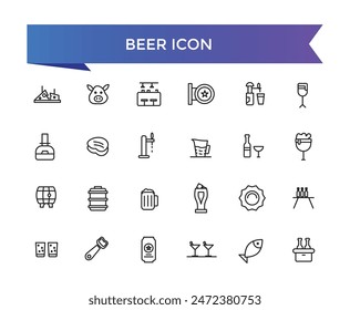 Beer icon collection. Related to pint, beer bottle, drinking, hop, brewery, beer can, craft beer, pub and more. Vector Line icons set.