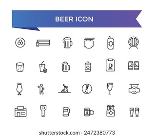 Beer icon collection. Related to pint, beer bottle, drinking, hop, brewery, beer can, craft beer, pub and more. Vector Line icons set.