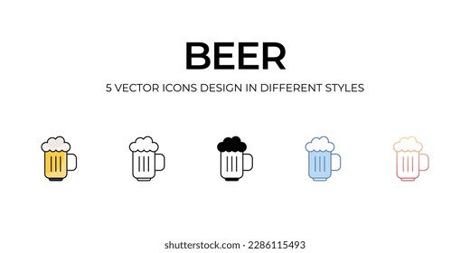 Diseño de iconos de cerveza en estilo Cinco con pulsación editable. Línea, Sólido, Línea plana, Color de tono Duo y Línea de degradado de color. Adecuado para diseño de páginas Web, aplicaciones móviles, UI, UX y GUI.