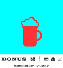 Beer icon flat. Red pictogram on blue background. Vector illustration symbol and bonus buttons Music center, corkscrew, credit card, house, drum