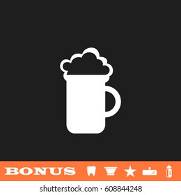 Beer icon flat. White pictogram on black background. Vector illustration symbol and bonus button tooth, vase, star, mirror, bottle