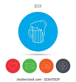 Beer icon. Glass of alcohol drink sign. Brewery symbol. Mail, download and speech bubble buttons. Like symbol. Vector