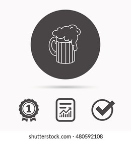Beer icon. Glass of alcohol drink sign. Brewery symbol. Report document, winner award and tick. Round circle button with icon. Vector