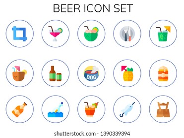 beer icon set. 15 flat beer icons.  Simple modern icons about  - crop, coconut drink, cocktail, beers, dog food, food, beer can, Bottle, Cocktail, brochette, oktoberfest