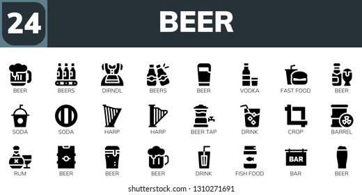 beer icon set. 24 filled beer icons.  Simple modern icons about  - Beer, Beers, Dirndl, Vodka, Fast food, Soda, Harp, tap, Drink, Crop, Barrel, Rum, Fish food, Bar