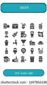 beer icon set. 25 filled beer icons.  Simple modern icons such as: Beer, Saint Patrick, Cocktail, Tinned food, Soda, Fish food, Barrel, Crop, Drink, Fast food, Bar, Oktoberfest