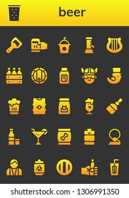 beer icon set. 26 filled beer icons.  Collection Of - Bottle opener, Drink, Beer, Soda, Harp, box, Barrel, Alcohol, Viking, Saint Patrick, Food, Fermentation, Vodka, Cocktail