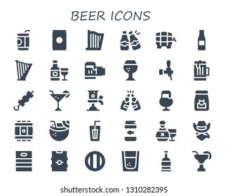 beer icon set. 30 filled beer icons.  Collection Of - Soda, Harp, Beers, Beer, bottle, Drink, Brandy, Brochette, Cocktail, tap, Food, Barrel, Coconut drink, Fish food