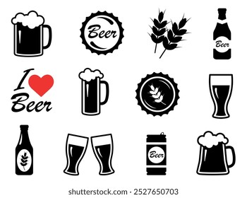 Conjunto de iconos de cerveza. Botella, vidrio, pinta, lata de cerveza, cerveza artesanal, pub, bebida, lúpulo, cervecería.