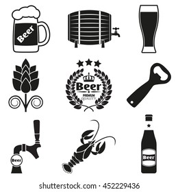 Beer icon set with beer bottle, tap, opener, mug. Vector illustration.