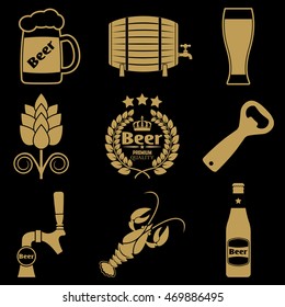 Beer icon set with beer bottle, tap, opener, mug. Vector illustration.