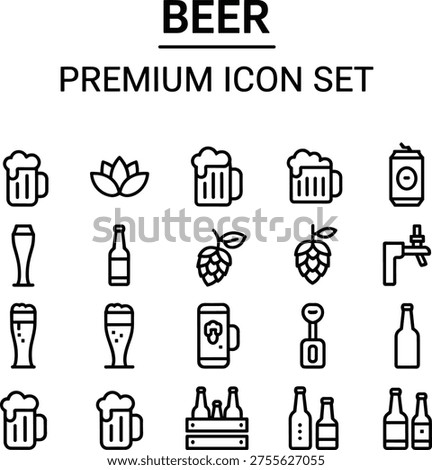 beer icon set, brewery drink icons collection, beer mug bottle hop symbols, pub alcohol outline vector pack