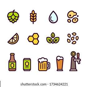 Beer icon set. Beer brewing ingredients and flavorings, serving glasses and containers. Simple cartoon line icons, vector illustration.