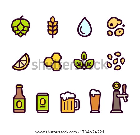 Beer icon set. Beer brewing ingredients and flavorings, serving glasses and containers. Simple cartoon line icons, vector illustration.