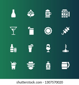 beer icon set. Collection of 16 filled beer icons included Beer, Bottle, Cowboy, Drink, Bottle opener, Beers, Brochette, Bottle cap, Cocktail, Hop
