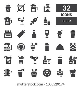 beer icon set. Collection of 32 filled beer icons included Beverage, Hop, Food, Beer, Bottle, Drink, Cocktail, Foods, Cocktails, Bottle cap, Beers, Brochette, Crop