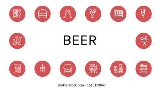 beer icon set. Collection of Churros, Bola de berlim, Cheers, Cosmopolitan, Beer box, Cocktail, College, Smoothie, Restaurant, Bar, Barrels, Barrel, Beer icons