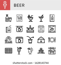 beer icon set. Collection of Irish, Beer, College, Cocktail, Wine menu, Juice box, Bar, Crops, Barrel, Berlin wall, Restaurant, Oktoberfest, Beer pong, Dog food, box icons