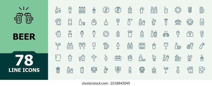 Bier-Symbolsatz. Drinks Web- und Apps-Symbole im Linienstil. Limonade, Getränk, Alkohol, Cocktail, Likör, Wein, Sammlung. Vektorgrafik.