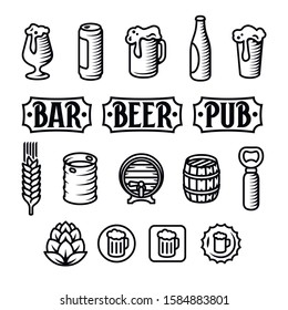 Beer icon set. Engraved style beer isolated vector black illustrations.