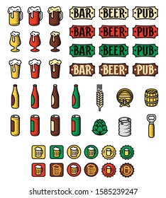 Beer icon set. Engraved style beer isolated vector color illustrations.