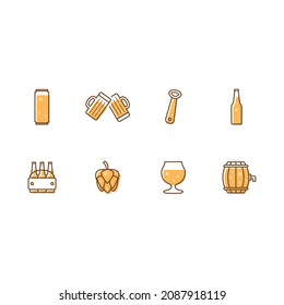 Beer icon set isolated, Beer brewery and consuming line icons, Beer can, bottle, glass, barrel, six-pack, opener and hop vector icons.