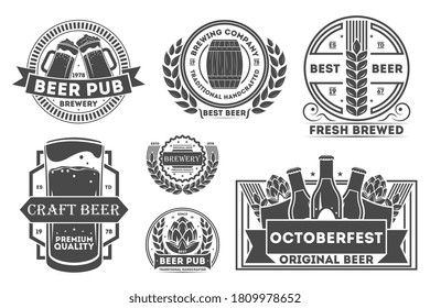 Beer icon set. Isolated flat retro pub craft alcohol drink mug, bottle, glass, barley ears, hop symbol icons. Bar beer label design collection. Brewery and Oktoberfest banner vector illustration