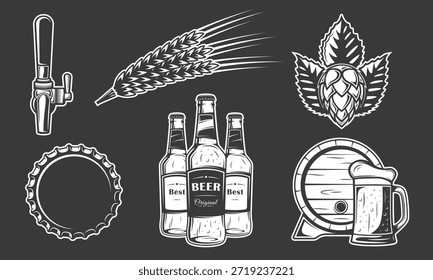 Conjunto de iconos de cerveza aislado sobre fondo negro. Diseño de logotipo de cervecería. Elementos de cerveza de las etiquetas: grifo, trigo, botella, taza, barril. Ilustración vectorial